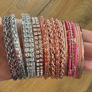 Set of Silver, Rose Gold, and Pink beaded, and Crystal Bracelet Set of 19